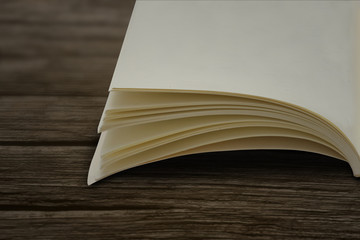 opened blank book isolated on rusty wooden background 