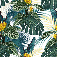 Tropical exotic floral green and blue monstera palm leaves seamless pattern, yellow flowers. Exotic jungle wallpaper on white background. abstract aloha background beach beautiful bird blossom botanic © Iuliia