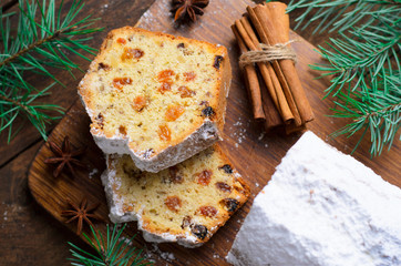 Fruit Loaf Cake Dusted with Icing Sugar, Christmas and Winter Holidays Treat