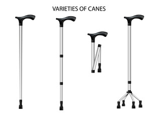 Set of orthopedic walking sticks on white background
