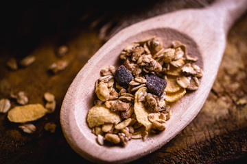 wooden spoon with oats, cereal and seeds.