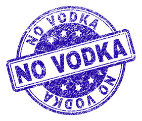 NO VODKA stamp seal watermark with grunge texture. Designed with rounded rectangles and circles. Blue vector rubber print of NO VODKA text with retro texture.