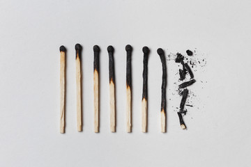 Concept of patience. A row of burnt matches, from left to right, from almost a whole match to a...