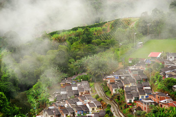Hills covered in coffee and banana plantations near Buenavista, Antioquia, Colombia
