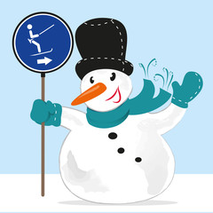 Schneemann mit Hinweisschild Skilift