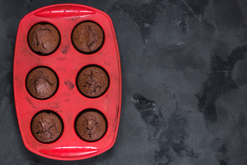 cupcakes chocolate (muffins) dessert with with pomegranate and rosemary. top view.