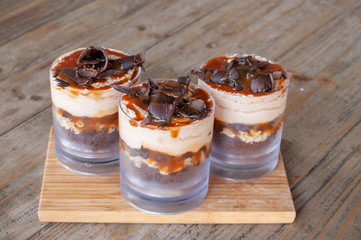 Delicious caramel trifle with chocolate pieces