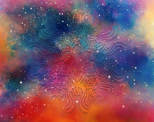 Abstract mandala graphic design and watercolor digital art painting for ancient geometric concept...