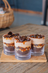 Delicious caramel trifle with chocolate pieces