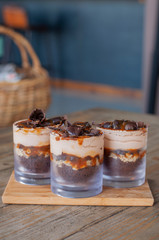 Delicious caramel trifle with chocolate pieces