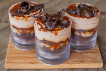 Delicious caramel trifle with chocolate pieces