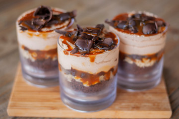 Delicious caramel trifle with chocolate pieces
