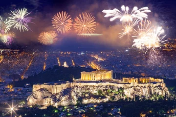Schilderijen op glas vuurwerk boven Athene, de Akropolis en het Parthenon, Attica, Griekenland - Nieuwjaarsbestemming © Melinda Nagy