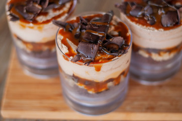 Delicious caramel trifle with chocolate pieces