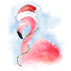 Pink flamingo in santa hat