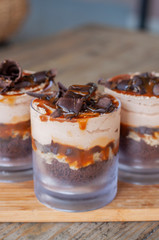 Delicious caramel trifle with chocolate pieces