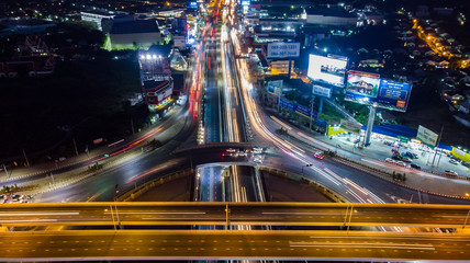 Fototapeta na wymiar Aerial view Expressway motorway highway circus intersection at night time Top view , Bangkok, Thailand.