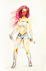 The red-haired girl in a mask and outfit of a karateka with a machete in her hands. Fighter with cold arms in their hands.