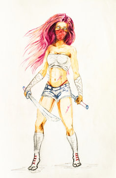 The red-haired girl in a mask and outfit of a karateka with a machete in her hands. Fighter with cold arms in their hands.