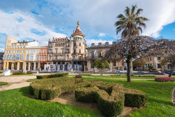 Fototapeta premium Ribadeo, Spain - November 21, 2018: Ribadeo main square and Torre dos moreno, Ribadeo, Galicia, Spain.