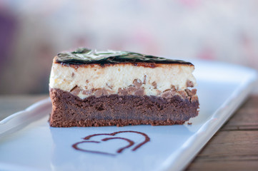Brownie chocolate cake decorated with chocolate sauce