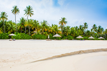 Beautiful sandy beach with sunbeds and umbrellas in Indian ocean, Maldives island