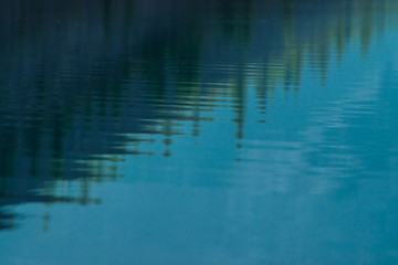 Shiny texture of surface of mountain lake. Background with reflection of green mountains with tops of conifer trees in clear water in sunny day under blue sky. Coniferous forest reflected in water.