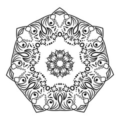 Flower pattern of mandala. Decorative circular element. Minimal vintage floral pattern. Ethnic abstract ornament. Black flower on white background. Vintage snowflake.