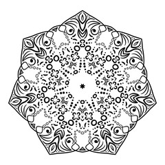 Flower pattern of mandala. Decorative circular element. Minimal vintage floral pattern. Ethnic abstract ornament. Black flower on white background. Vintage snowflake.