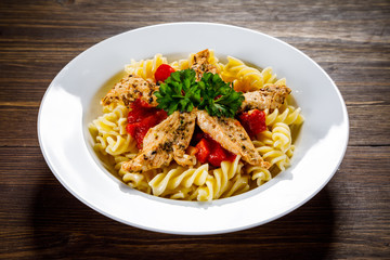 Pasta with meat, sauce and vegetables