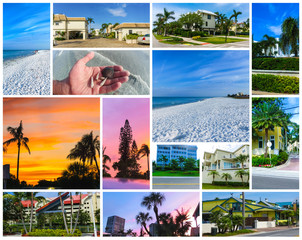 The collage about Siesta key beach with white sand.