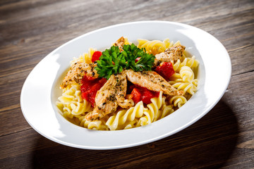 Pasta with meat, sauce and vegetables