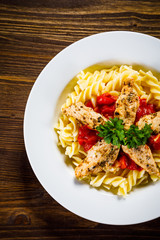 Pasta with meat, sauce and vegetables