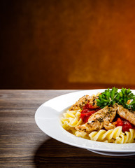 Pasta with meat, sauce and vegetables