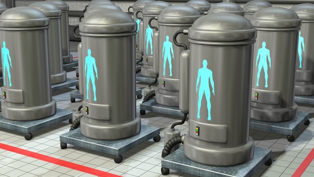Life support chambers, cryonic tanks containing people. 3d render