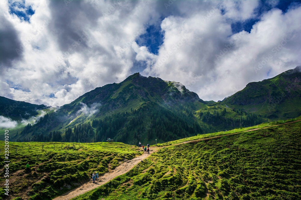 Sticker Beautiful view on the two hours trail to Wildseeloder house and Wildsee lake, historical and nature reserve place in Alps, Henne mountain, Lachfilzkogel, Fieberbrunn, Austria