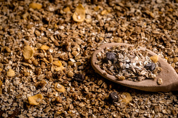 wooden spoon with oats, cereal and seeds.