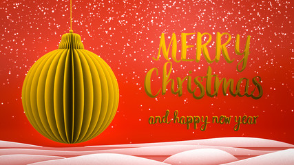 red and gold xmas tree ball decoration Merry Christmas and Happy New Year greeting message in english on red background,snow flakes.Elegant  holiday season social post digital card  