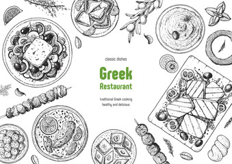 Greek cuisine top view frame. A set of greek dishes with greek salad, avgolemono soup, halloumi, taramosalata . Food menu design template. Vintage hand drawn sketch vector illustration. Engraved image