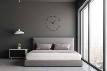 Gray loft bedroom with clock