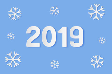 2019 paper cut illustration decorated by snowflakes. New year vector illustration eps 10