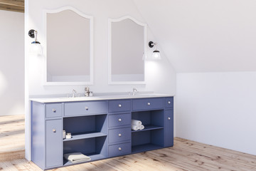 Attic bathroom corner, blue double sink