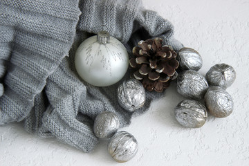 christmas balls and decorations on white background
