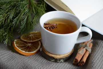 Cup of lemon tea dried oranges cinnamon fir branch Winter holidays concept Cozy home