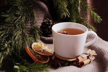 Obraz na płótnie Canvas Cup of lemon tea cookies cinnamon spruce branch Winter holidays concept Cozy home