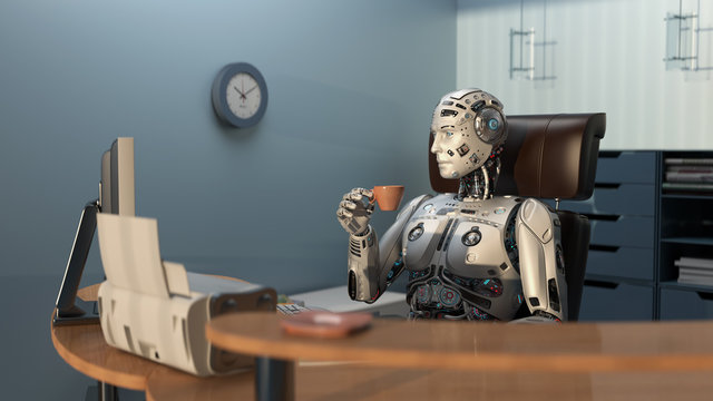 Futuristic robot or cyborg holding a cup of tea while sitting in the office. 3D Render. 