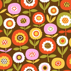 Seamless vector pattern with vintage scandinavian flowers on brown background. 