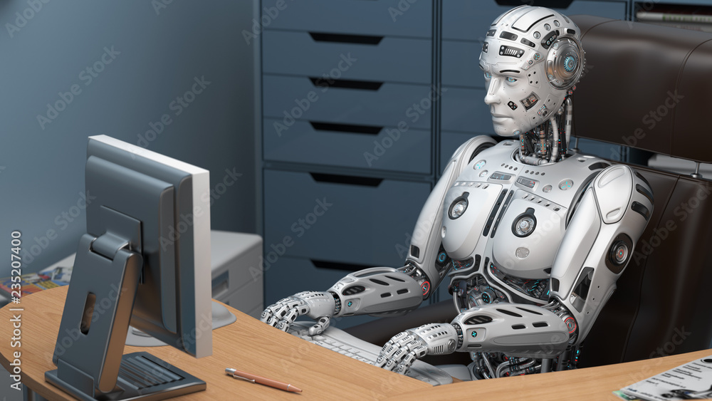 Poster futuristic robot or cyborg working at office using computer, studying business ideas on a pc screen.