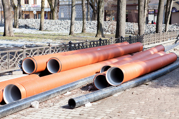 Corrugated water pipes of large diameter prepared for laying