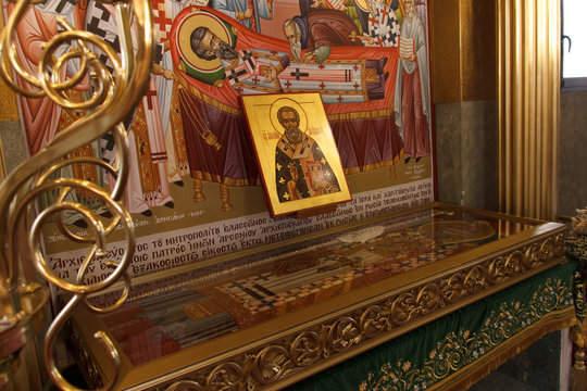 Relics of Saint Arsenios, Bishop of Elasson inside the church devoted to his name in Elassona central greece